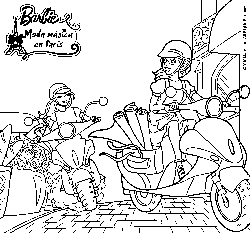 Dibujo de Barbie y su amiga en moto 1 para Colorear