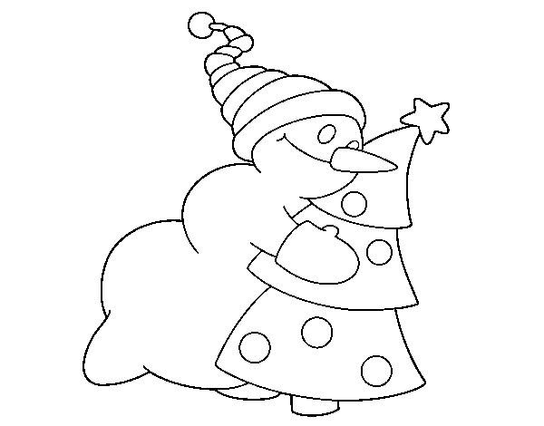 Dibujo de Muñeco de nieve abrazando árbol para Colorear
