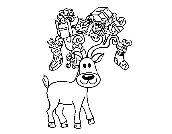 Dibujo de Reno con regalos de Navidad para Colorear