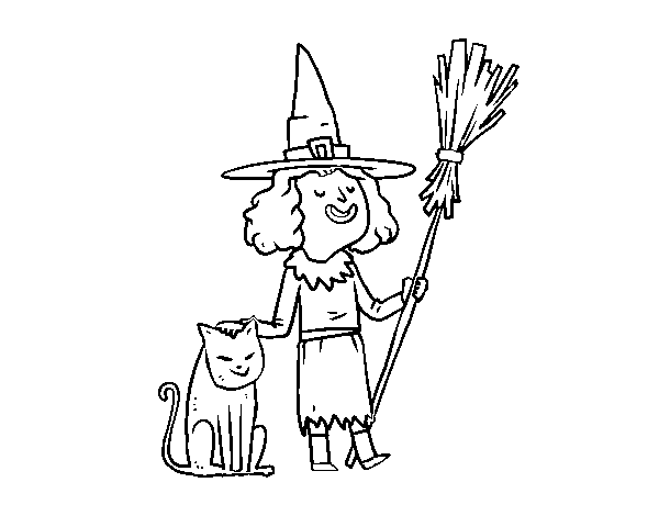 Dibujo de Bruja con gato de Halloween para Colorear 