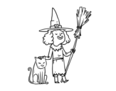 Dibujo de Bruja con gato de Halloween para colorear