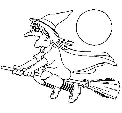 Dibujo de Bruja en escoba voladora 1 para Colorear