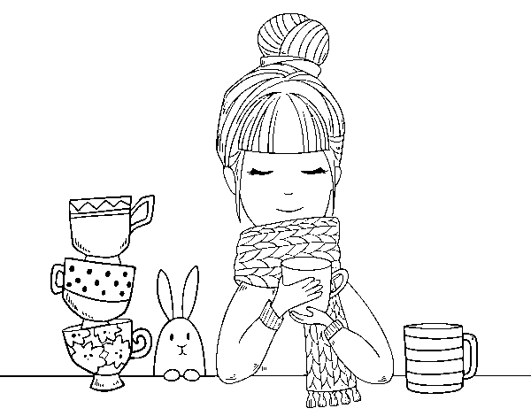 Dibujo de Chica con bufanda y taza de té para Colorear