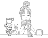 Dibujo de Chica con bufanda y taza de té