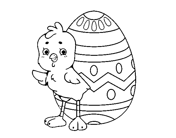 Dibujo de Pollito simpático con huevo de Pascua para Colorear